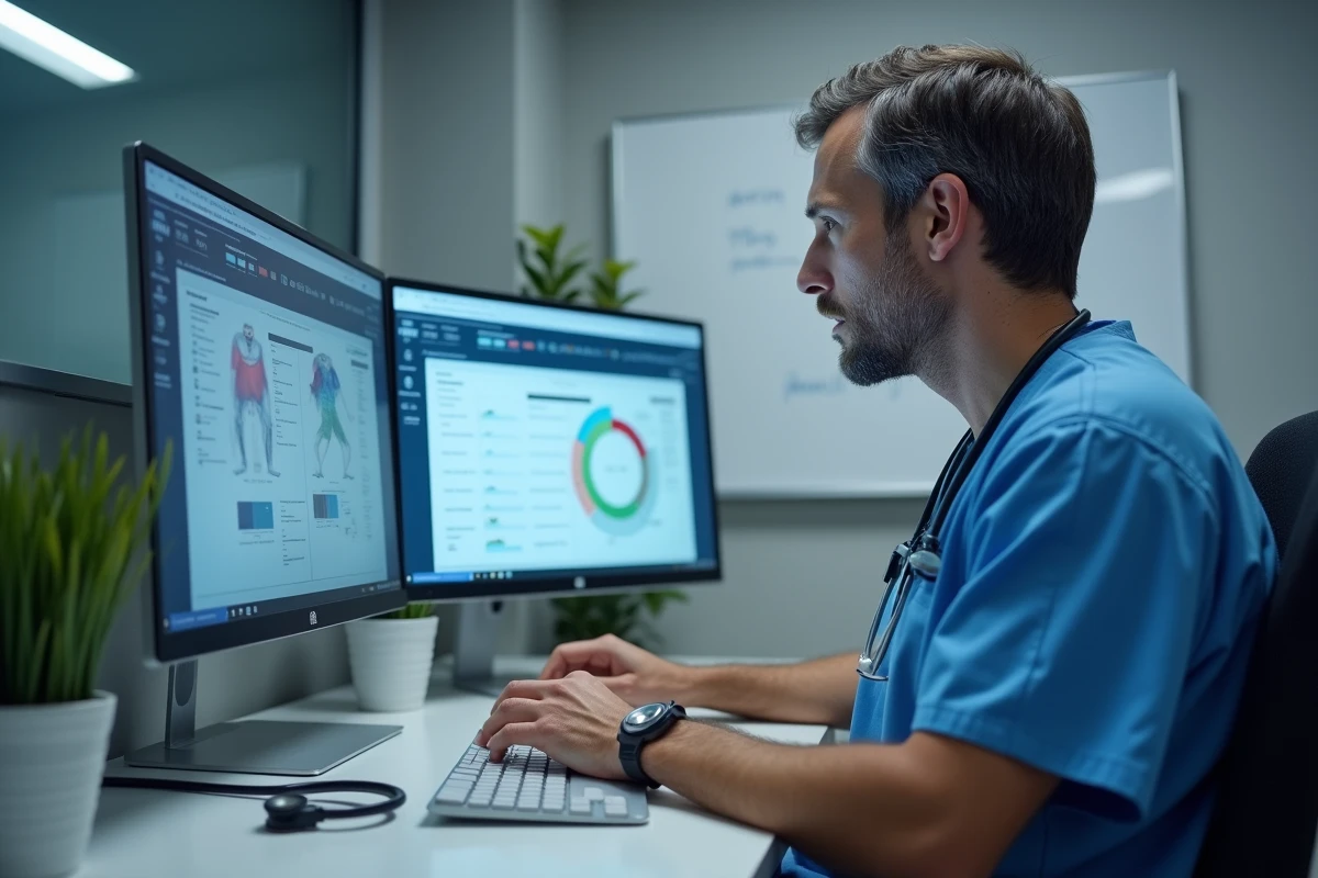Professionnel de santé comparant les interfaces Medisys portail et Medisysnet sur un ordinateur de bureau en milieu hospitalier