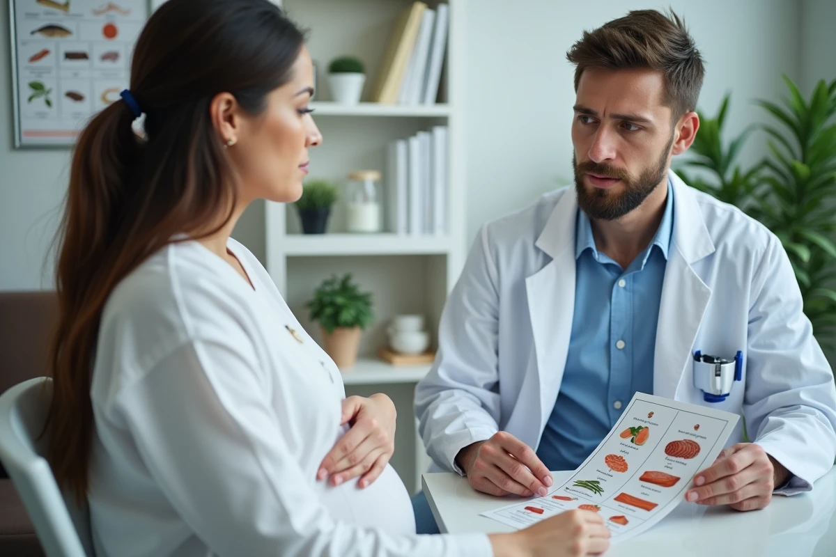 Professionnel de santé expliquant un régime à une femme enceinte