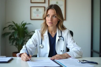 Professionnelle de santé lisant des documents critiques dans un cabinet médical moderne