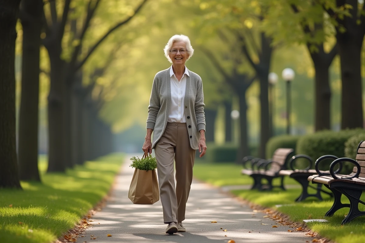 Femme âgée marchant dans un parc avec sac de courses