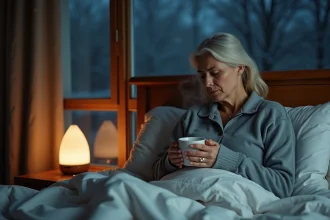 Femme en pyjama assise dans son lit la nuit tenant une tasse chaude pour calmer une quinte de toux hivernale