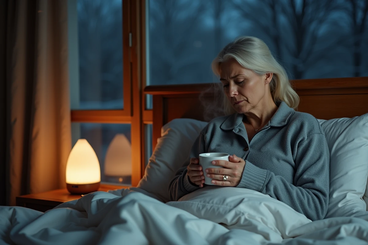 Femme en pyjama assise dans son lit la nuit tenant une tasse chaude pour calmer une quinte de toux hivernale