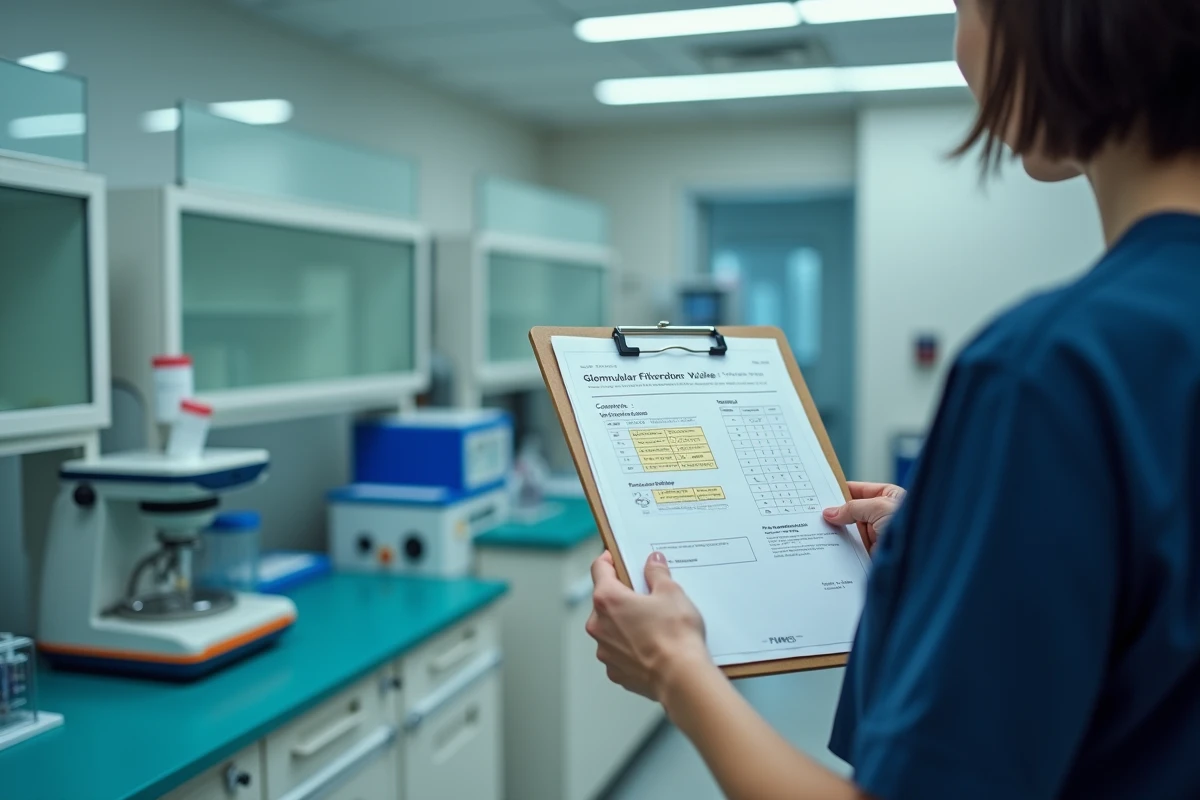 Infirmière tenant un rapport de laboratoire avec les valeurs de DFG et de filtration glomérulaire