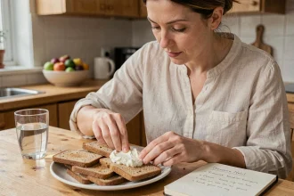 Femme préparant une biscotte avec du fromage blanc dans une cuisine naturelle dans le cadre d'un régime alimentaire équilibré