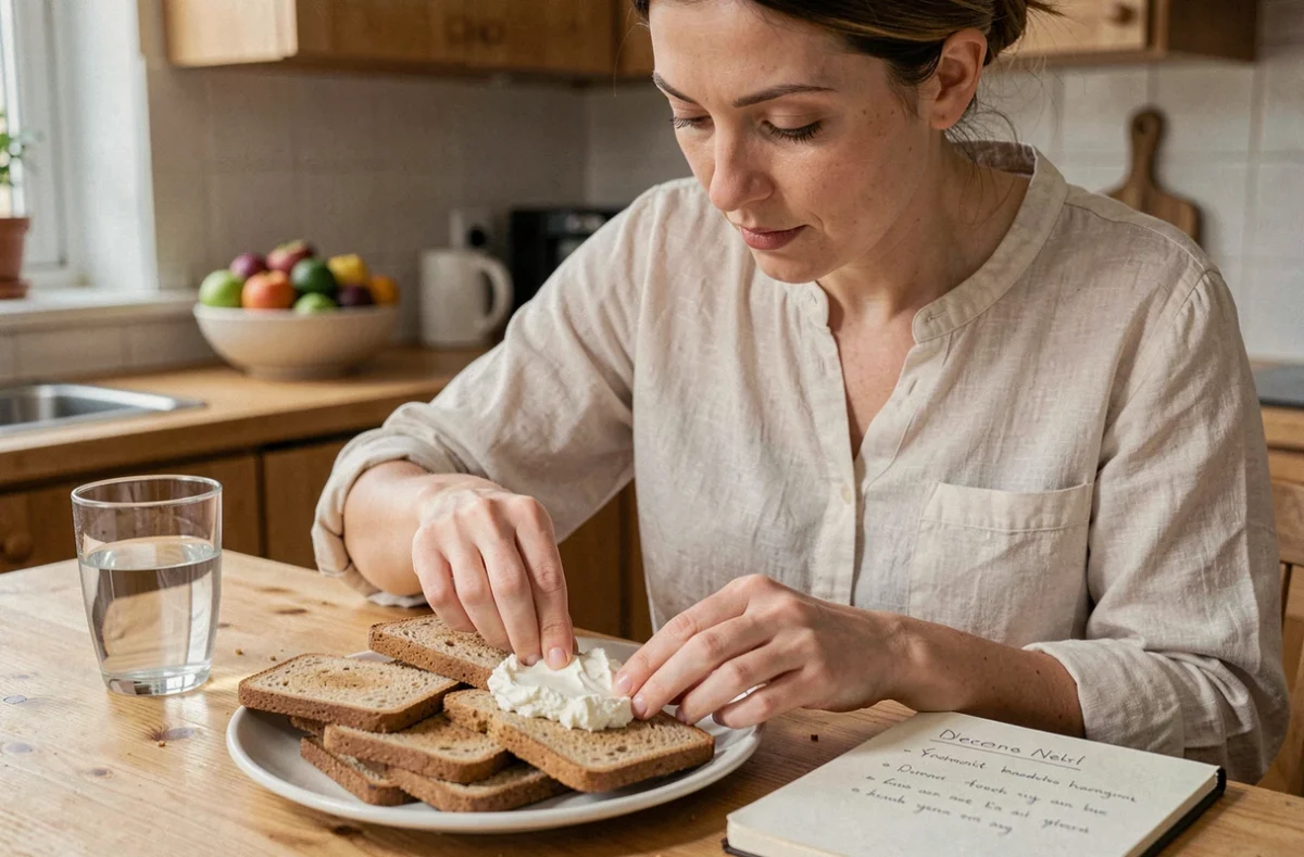 Femme préparant une biscotte avec du fromage blanc dans une cuisine naturelle dans le cadre d'un régime alimentaire équilibré