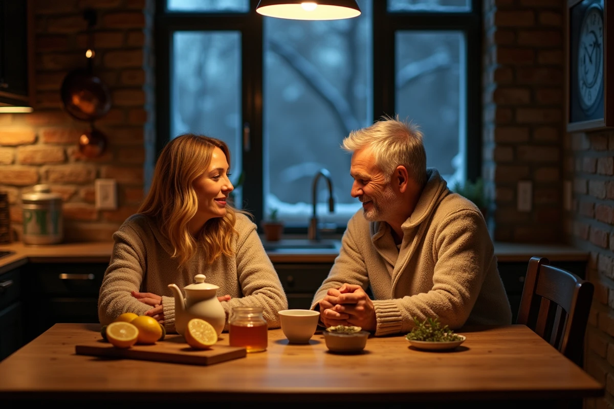 Couple préparant des remèdes maison contre la toux nocturne hivernale autour d'une table de cuisine avec miel citron et tisane