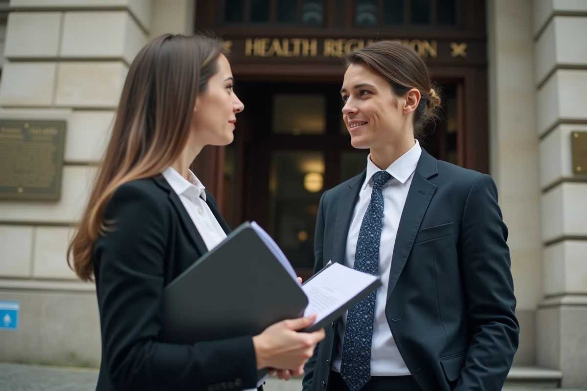 Femme d affaires discutant avec un officiel devant un bâtiment