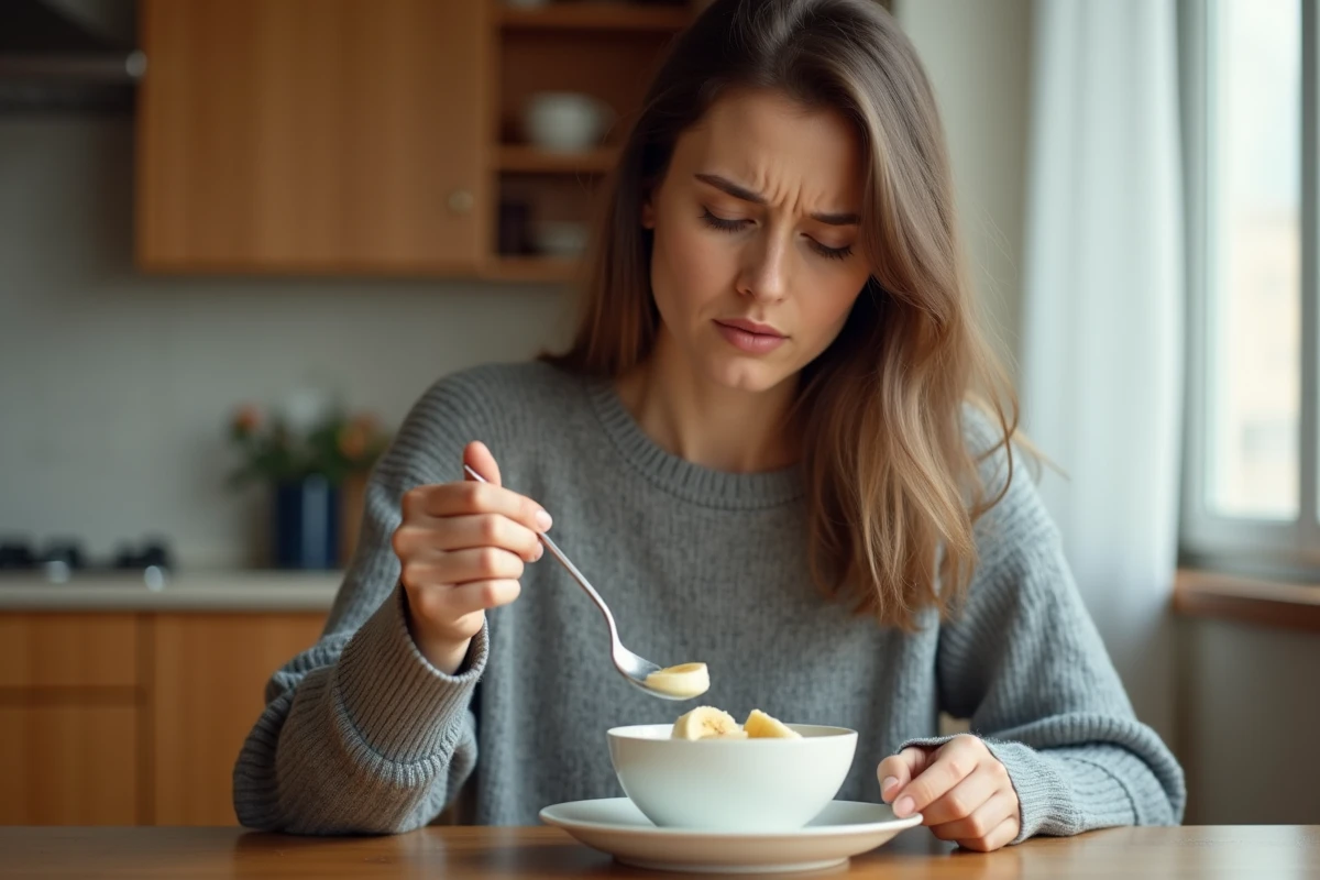 Femme mangeant un yaourt crémeux avec des tranches de banane après une extraction dentaire, repas doux adapté à la douleur