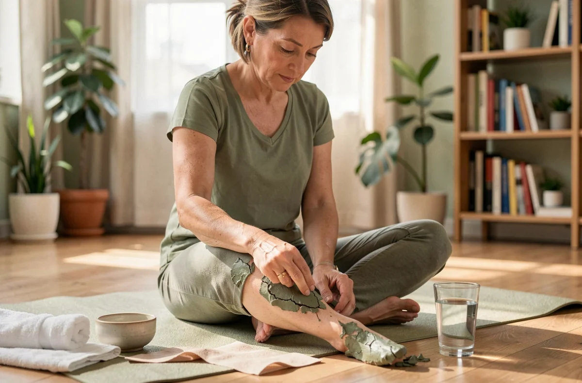 Femme retirant un emplâtre d'argile verte séché de son genou sur un tapis de yoga dans un salon avec plantes et parquet en bois