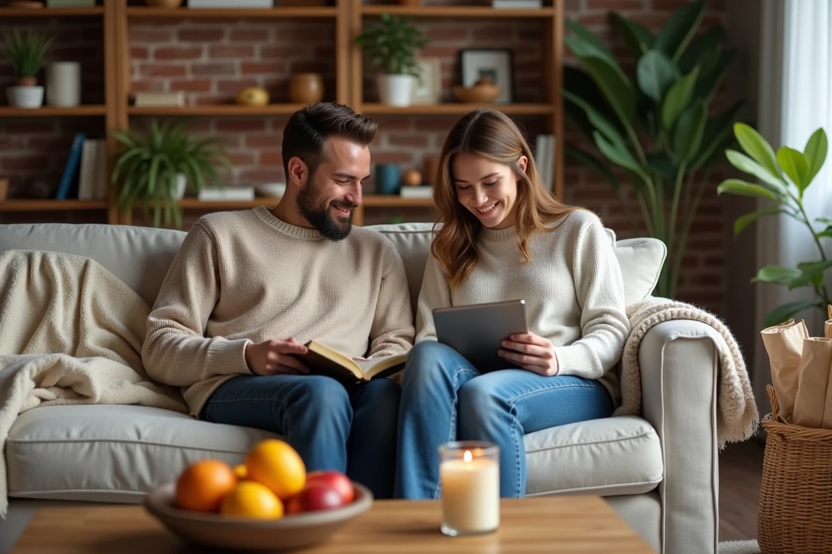 Couple détendu dans un salon aménagé avec des matériaux naturels et durables, profitant d'un intérieur confortable et éco-conscient qui illustre l'art de vivre efficacement sans sacrifier le bien-être