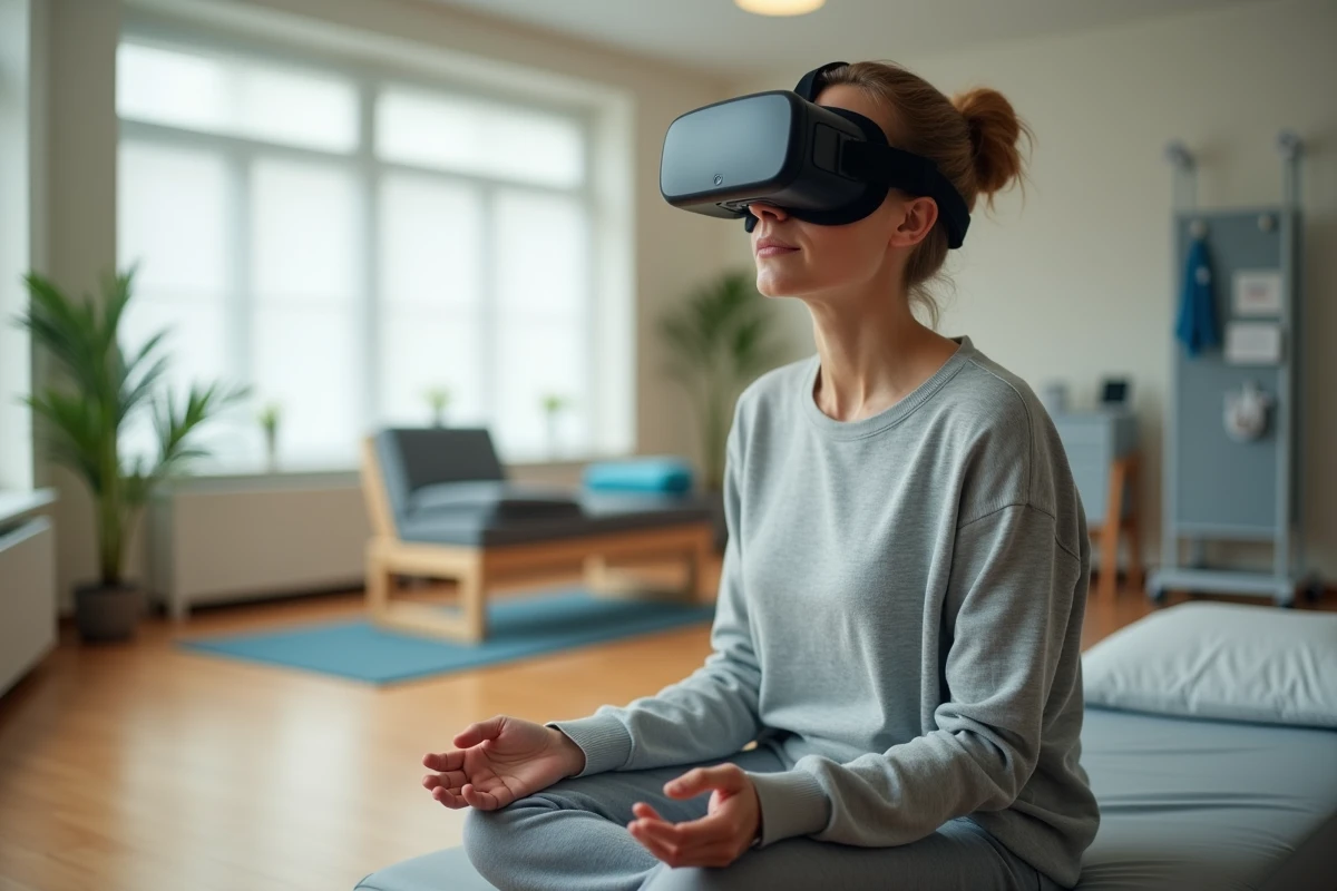 Patiente portant un casque de réalité virtuelle thérapeutique lors d'une séance de rééducation en centre de soins