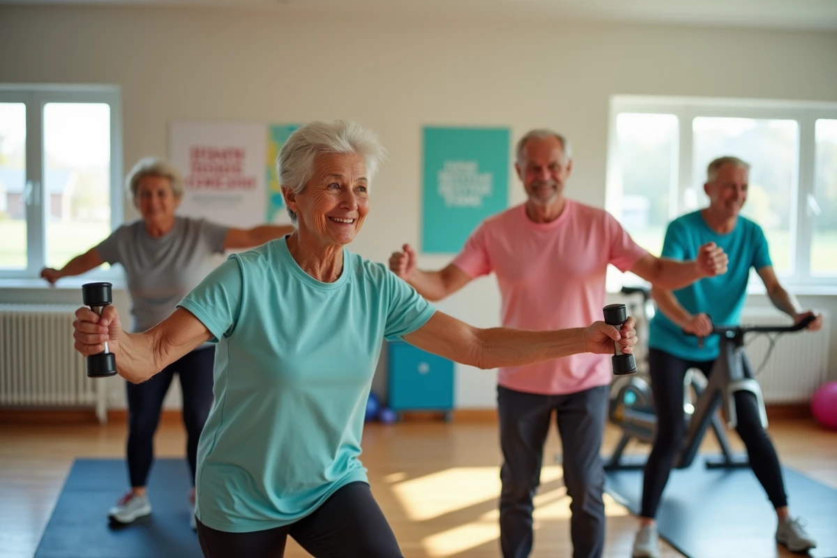Quatre seniors faisant des exercices dans une salle lumineuse