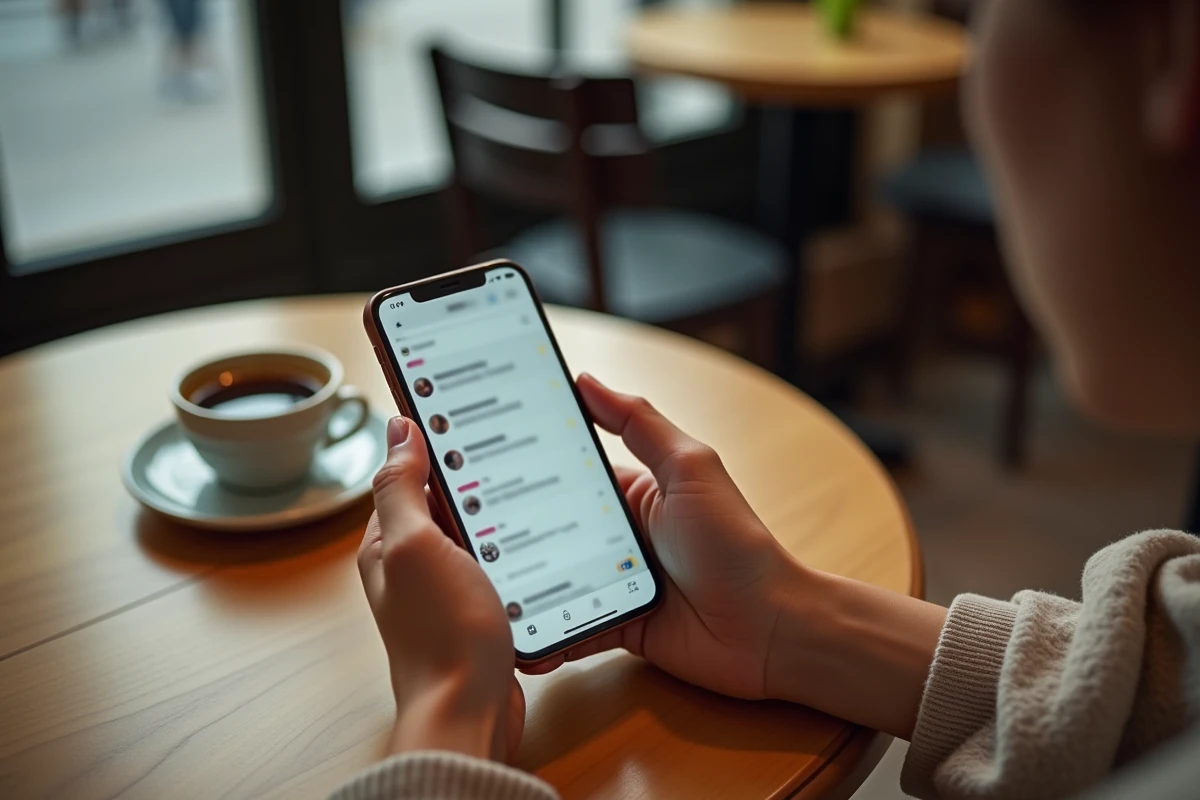 Mains tenant un smartphone affichant un fil de réseaux sociaux dans un café parisien, symbolisant la propagation de rumeurs en ligne