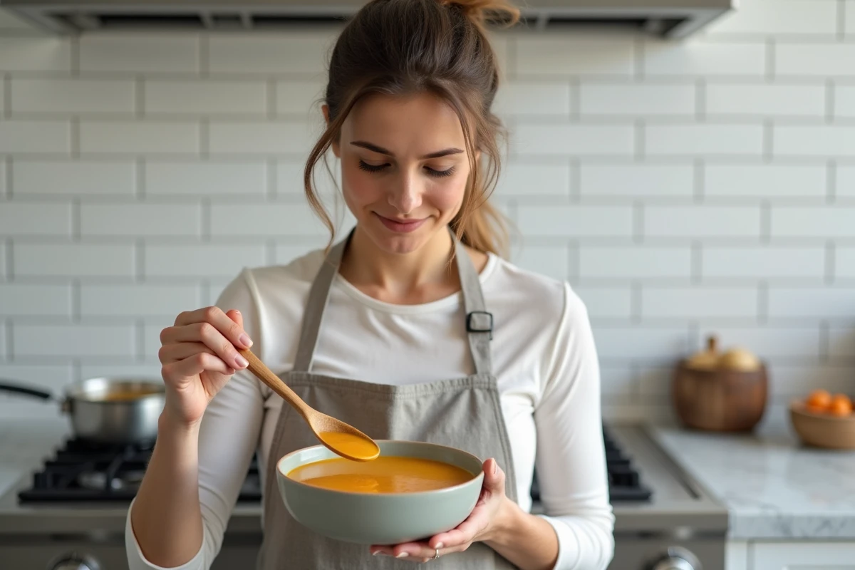 Femme préparant une soupe de butternut saine dans une cuisine moderne, illustrant une recette minceur faible en calories