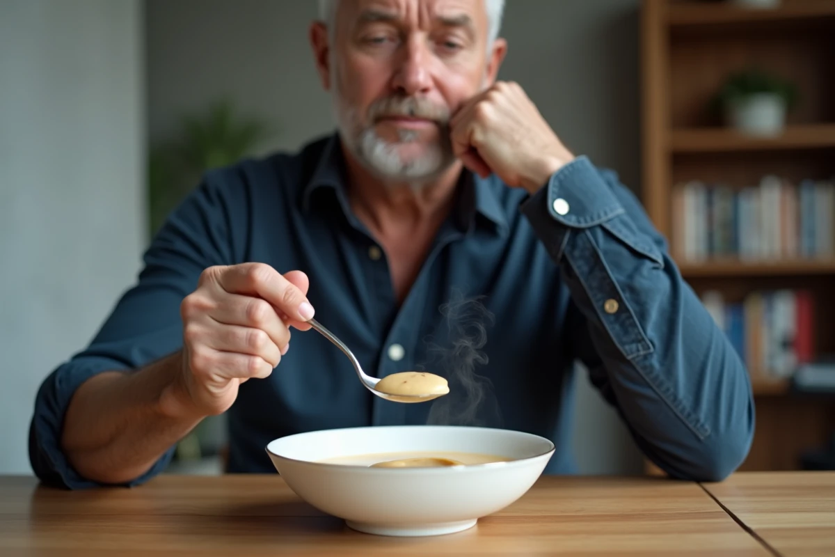 Homme dégustant une soupe veloutée de légumes après extraction dentaire, idée repas liquide adapté à la douleur post-opératoire