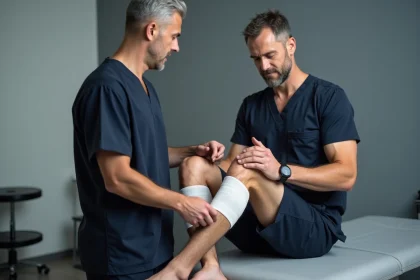 Kinésithérapeute posant un strap blanc sur la patte d'oie du genou d'un patient en cabinet de kinésithérapie