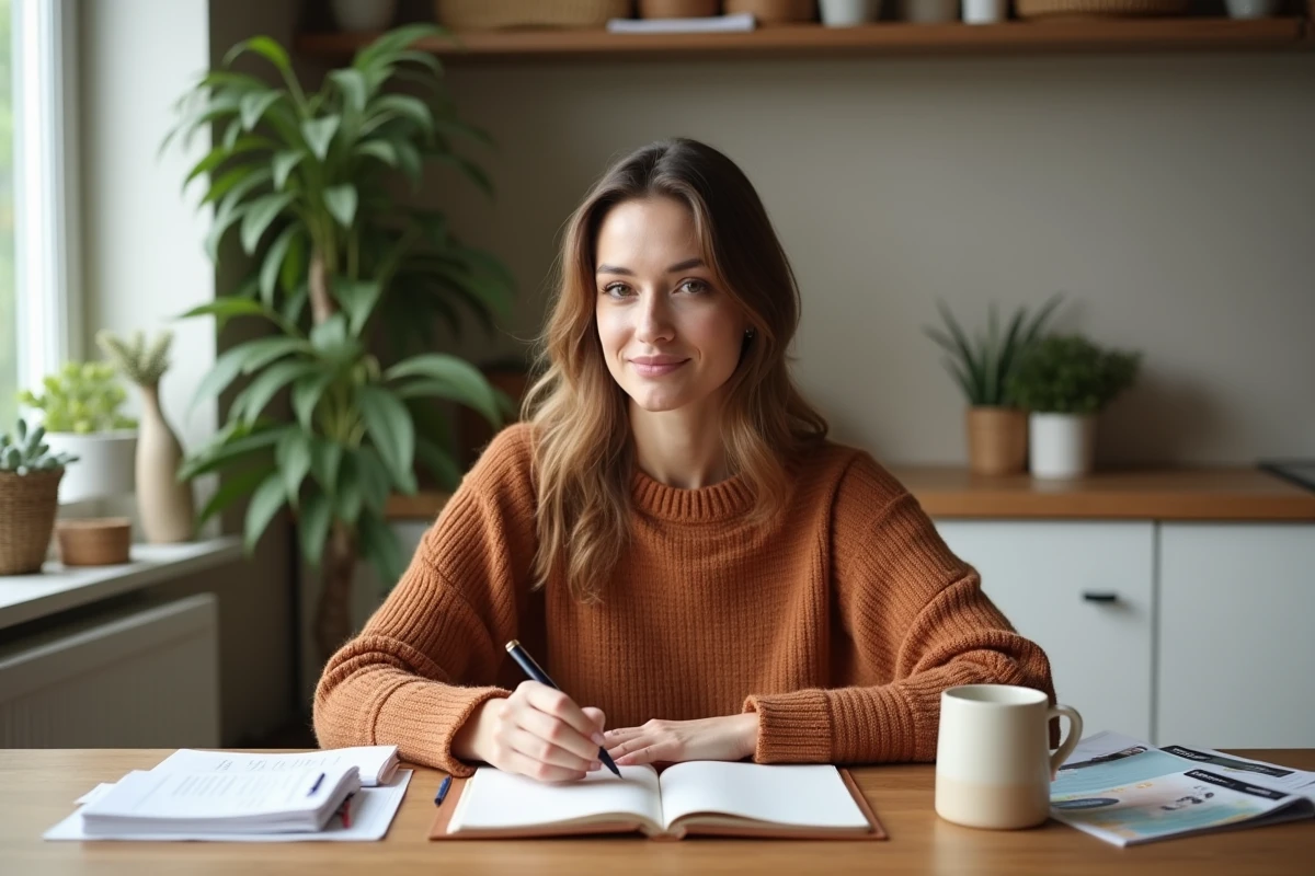 Femme chez elle consultant un journal de suivi de cycle menstruel pour comprendre les causes des kystes ovariens fonctionnels