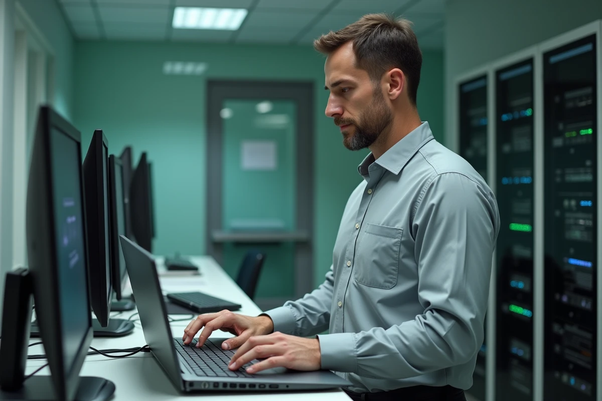 Technicien informatique d'un CHU accédant à son espace professionnel sécurisé sur un ordinateur portable dans une salle informatique hospitalière