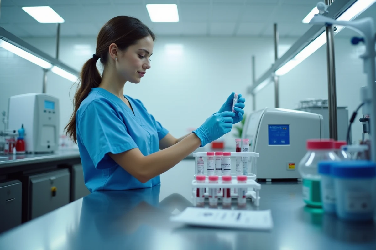 Technicienne de laboratoire préparant des échantillons sanguins pour dosage des transaminases hépatiques