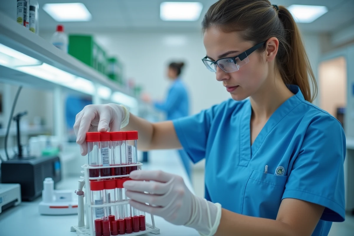 Technicienne de laboratoire manipulant des tubes d'analyses sanguines pour évaluer des marqueurs biologiques comme le CDT et la GGT