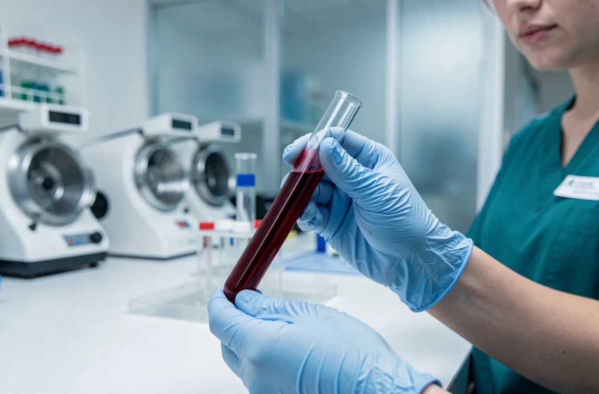 Tube de prélèvement sanguin tenu par une laborantine pour analyse hématologique incluant le VGM et la numération des globules rouges