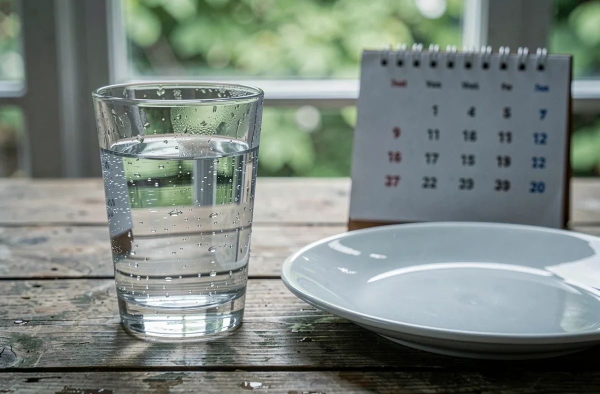 Verre d'eau, assiette vide et calendrier sur une table en bois illustrant les jours sans manger